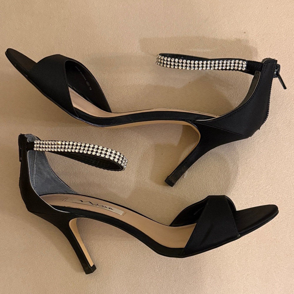 Nina Black Satin Heels with Rhinestone Straps - Volanda-LS Size 8M - Picture 6 of 6